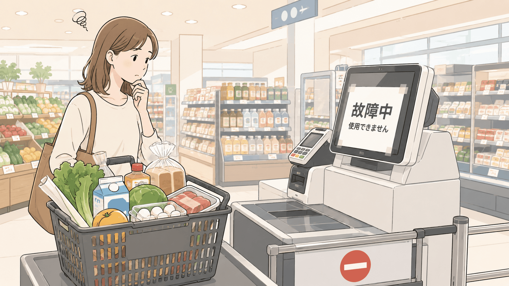 レジが壊れて買い物ができない様子